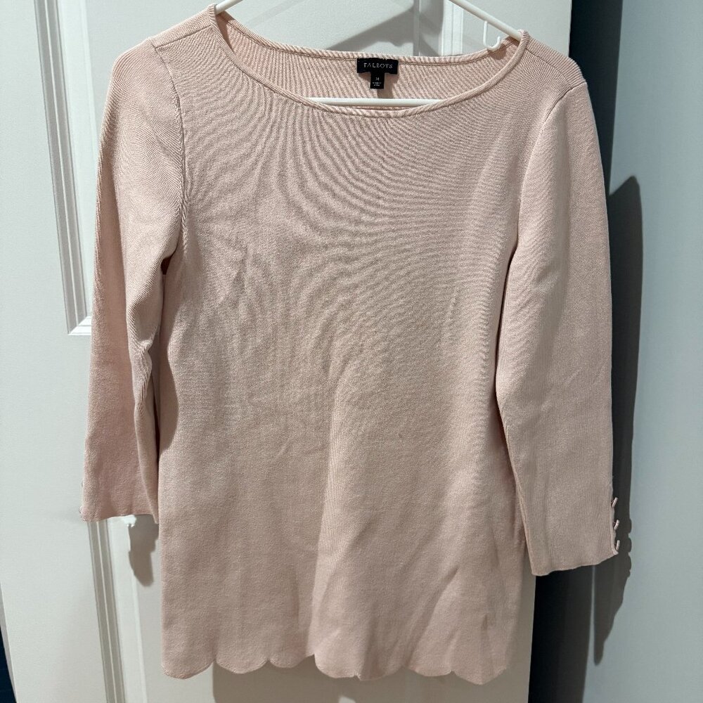 Talbots pink 3/4 sleeve sweater with scallop details, medium
